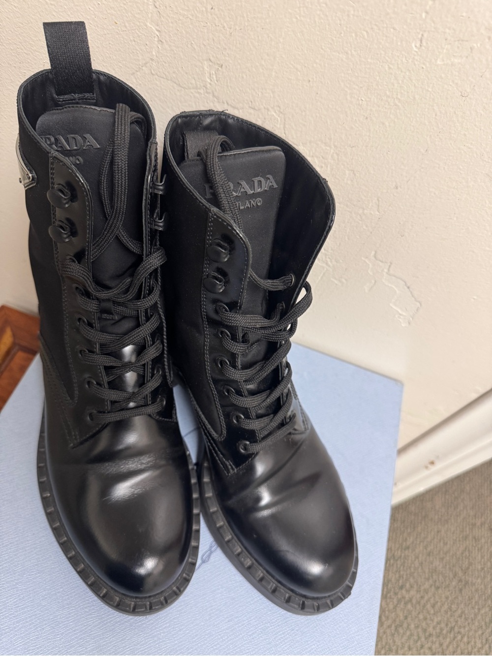 Prada Black Leather Lace-Up Boots - Authentic